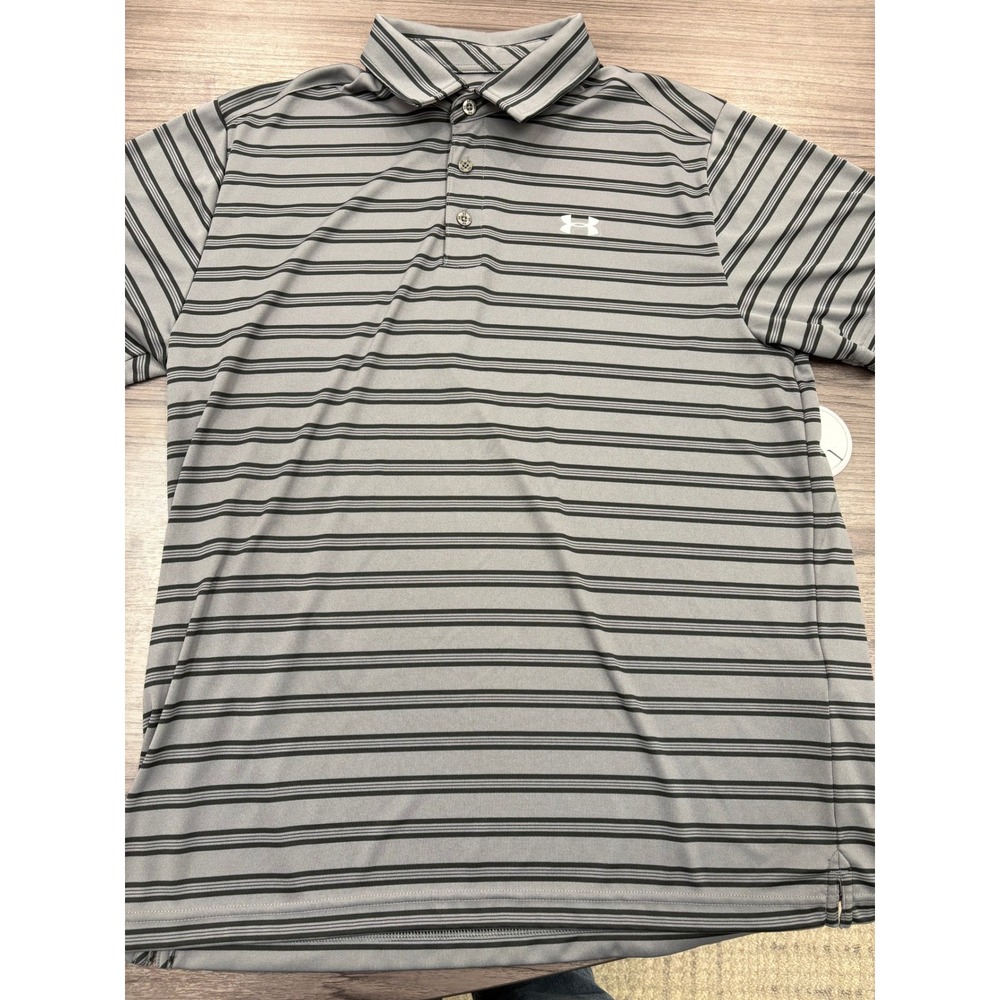 Under Armour Polo Shirt Mens Medium Gray Striped HeatGear Golf Performance